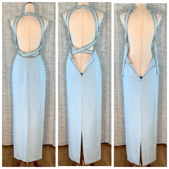 Peak Evenings Sky Blue Sleeveless Formal Evening Gown With Mesh Midriff. - Picture 6 of 15